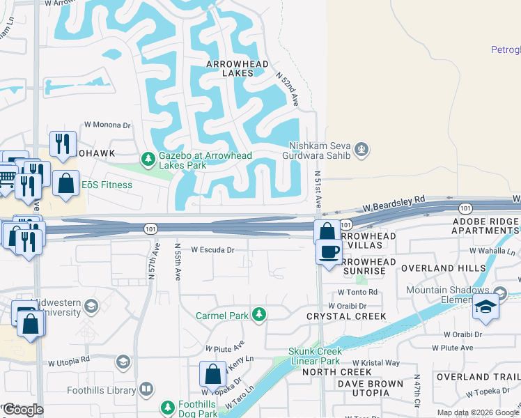 map of restaurants, bars, coffee shops, grocery stores, and more near 5255 West Pontiac Drive in Glendale