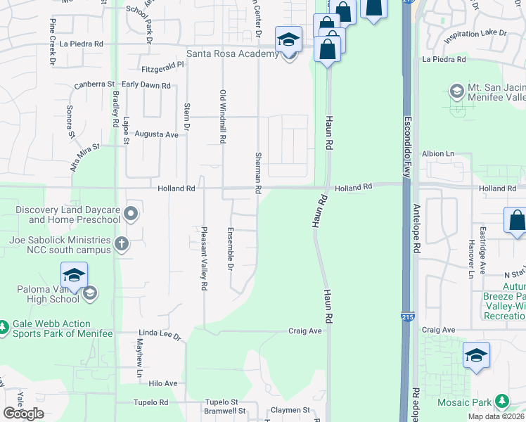 map of restaurants, bars, coffee shops, grocery stores, and more near Manzanita Road in Menifee