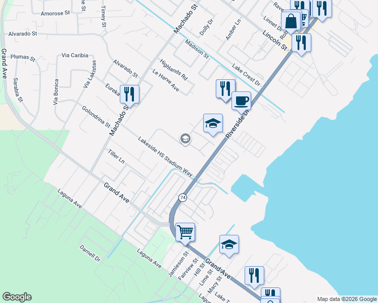 map of restaurants, bars, coffee shops, grocery stores, and more near 32593 Riverside Drive in Lake Elsinore