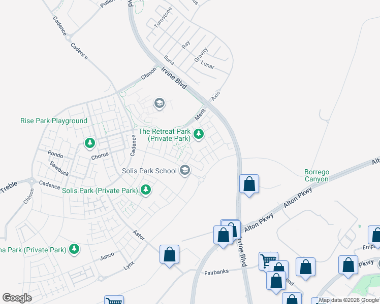 map of restaurants, bars, coffee shops, grocery stores, and more near C Street in Irvine