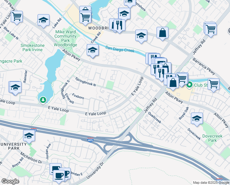 map of restaurants, bars, coffee shops, grocery stores, and more near 527 Springbrook North in Irvine