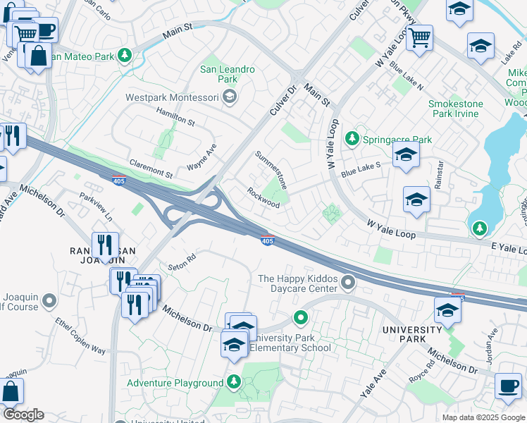 map of restaurants, bars, coffee shops, grocery stores, and more near 87 Fairside in Irvine