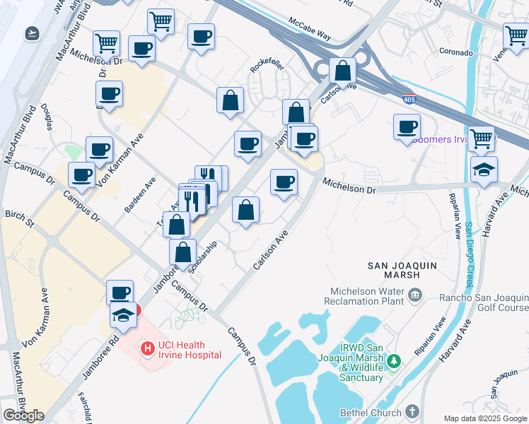 map of restaurants, bars, coffee shops, grocery stores, and more near 0 California 1 in Orange County