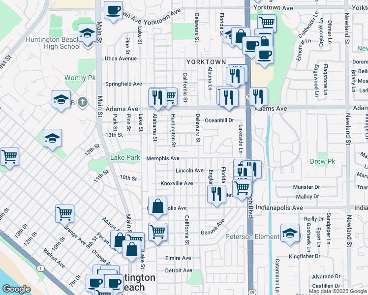 map of restaurants, bars, coffee shops, grocery stores, and more near 312 Nashville Avenue in Huntington Beach