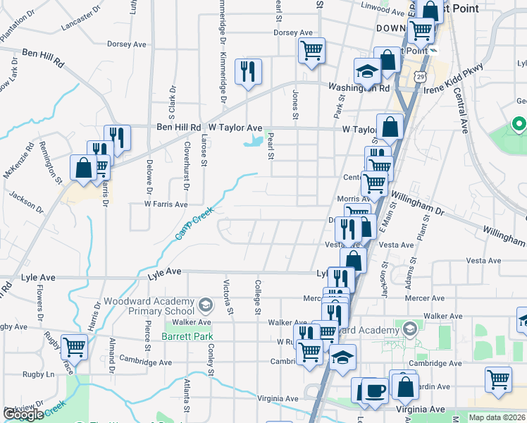 map of restaurants, bars, coffee shops, grocery stores, and more near 1919 Dunlap Avenue in East Point