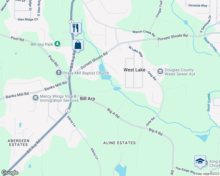map of restaurants, bars, coffee shops, grocery stores, and more near 6871 Lakeshore Drive in Douglasville