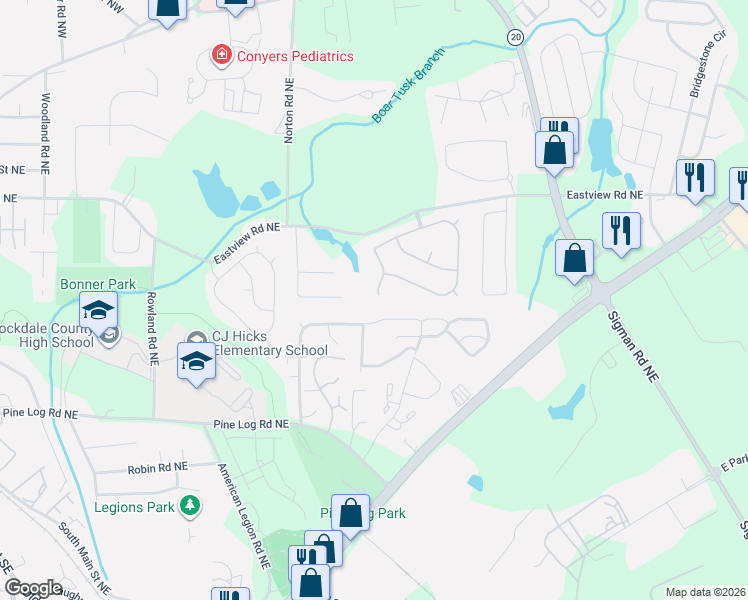 map of restaurants, bars, coffee shops, grocery stores, and more near 1430 Denison Court Northeast in Conyers