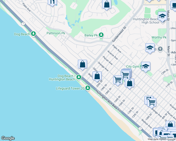 map of restaurants, bars, coffee shops, grocery stores, and more near 304 Goldenwest Street in Huntington Beach