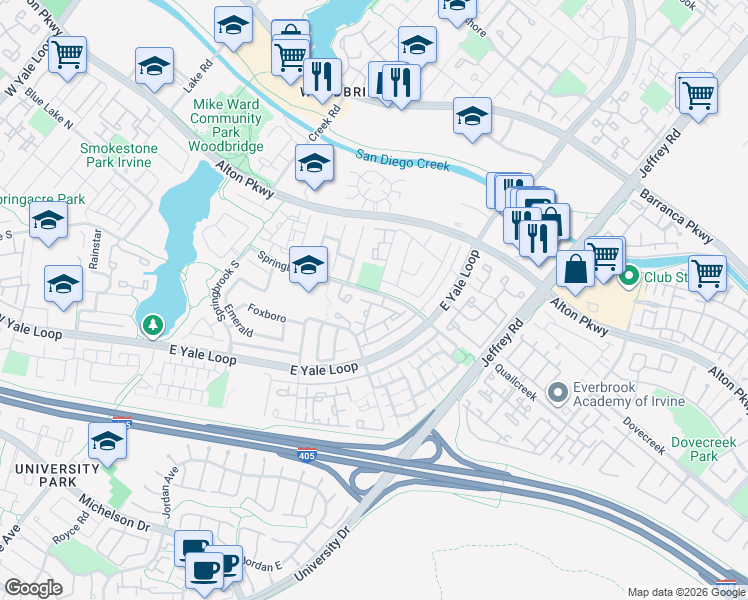 map of restaurants, bars, coffee shops, grocery stores, and more near 585 Springbrook North in Irvine