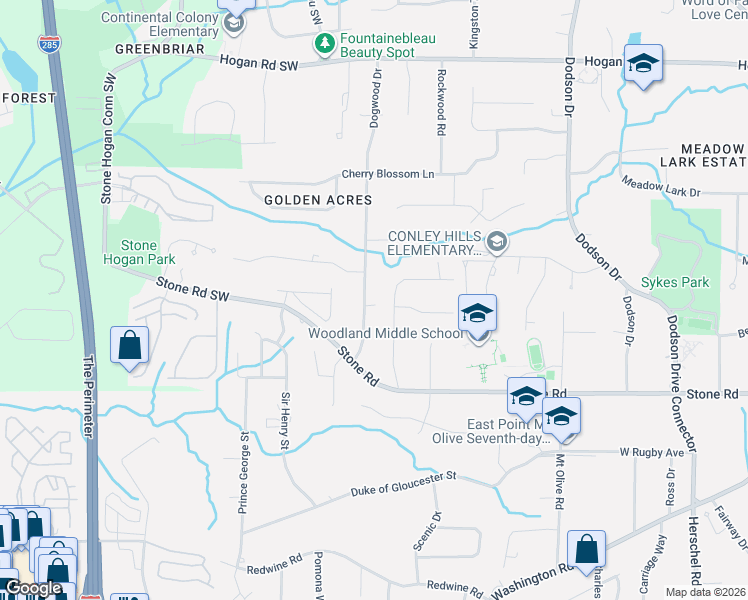 map of restaurants, bars, coffee shops, grocery stores, and more near 3189 Dogwood Drive in East Point