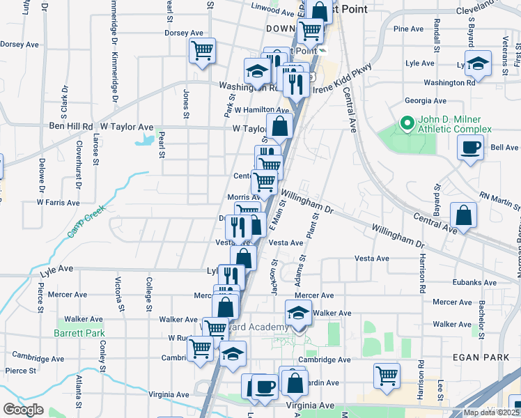 map of restaurants, bars, coffee shops, grocery stores, and more near 3165 Main Street in Atlanta
