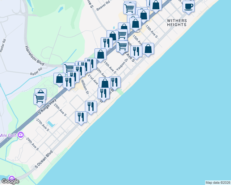 map of restaurants, bars, coffee shops, grocery stores, and more near 2007 South Ocean Boulevard in Myrtle Beach