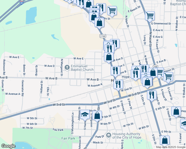 map of restaurants, bars, coffee shops, grocery stores, and more near 814 West Avenue B in Hope