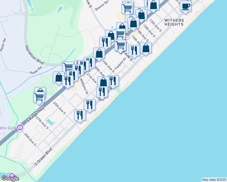 map of restaurants, bars, coffee shops, grocery stores, and more near 2001 South Ocean Boulevard in Myrtle Beach