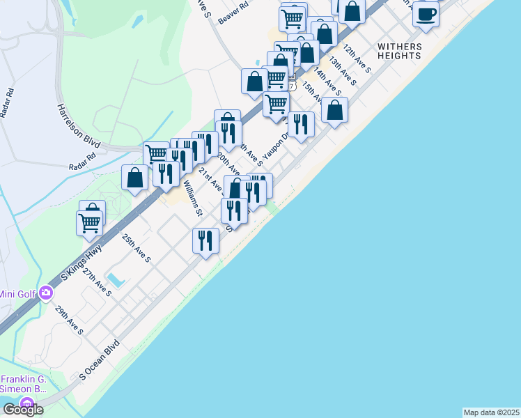 map of restaurants, bars, coffee shops, grocery stores, and more near 2001 South Ocean Boulevard in Myrtle Beach