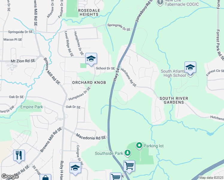 map of restaurants, bars, coffee shops, grocery stores, and more near 3136 Jonesboro Road Southeast in Atlanta