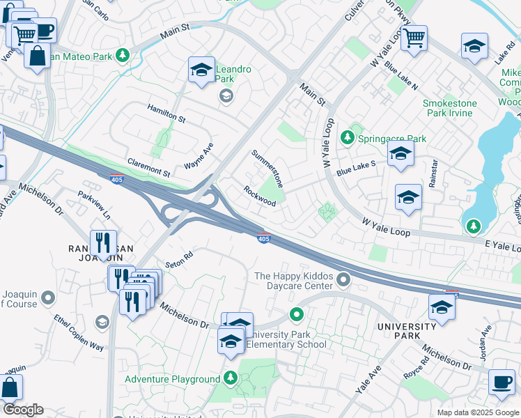 map of restaurants, bars, coffee shops, grocery stores, and more near 73 Rockwood in Irvine