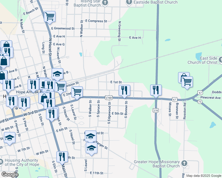 map of restaurants, bars, coffee shops, grocery stores, and more near 909-999 E 2nd St in Hope