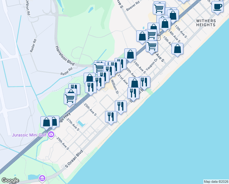 map of restaurants, bars, coffee shops, grocery stores, and more near 334 23rd Avenue South in Myrtle Beach