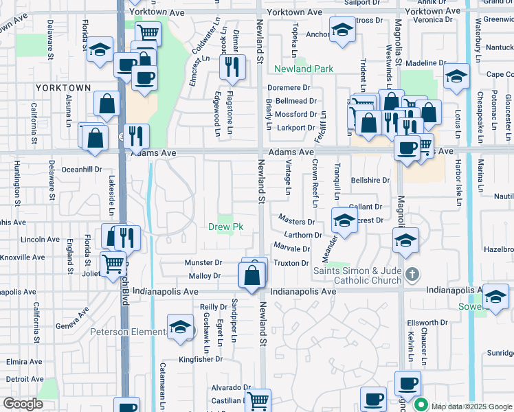 map of restaurants, bars, coffee shops, grocery stores, and more near 8472 Norfolk Drive in Huntington Beach