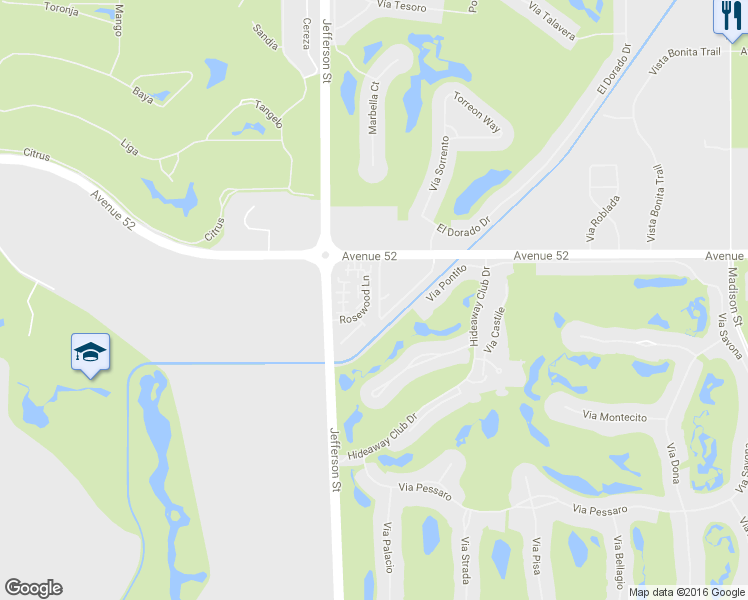 map of restaurants, bars, coffee shops, grocery stores, and more near 52202 Rosewood Lane in La Quinta