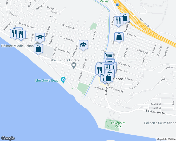 map of restaurants, bars, coffee shops, grocery stores, and more near 401 West Graham Avenue in Lake Elsinore