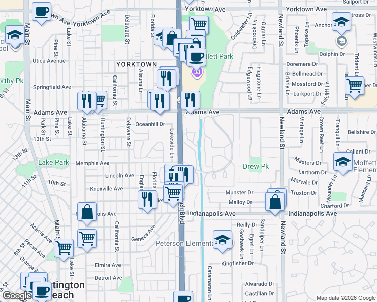 map of restaurants, bars, coffee shops, grocery stores, and more near 20191 Cape Coral Lane in Huntington Beach