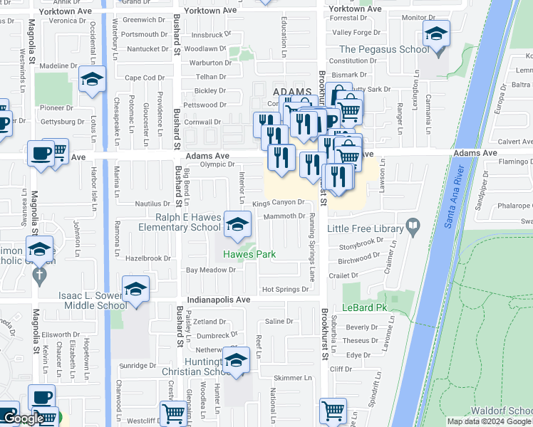 map of restaurants, bars, coffee shops, grocery stores, and more near 9801 Mammoth Drive in Huntington Beach