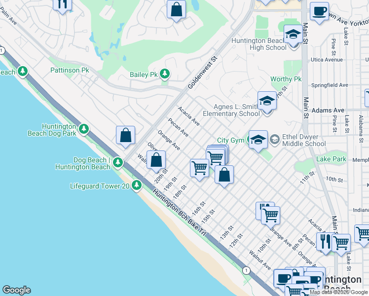 map of restaurants, bars, coffee shops, grocery stores, and more near 325 20th Street in Huntington Beach