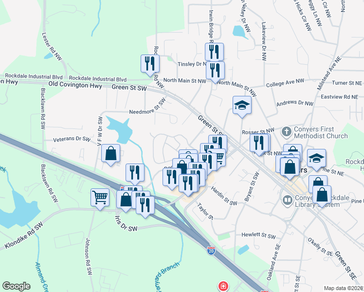 map of restaurants, bars, coffee shops, grocery stores, and more near 2309 Haflinger Circle in Conyers