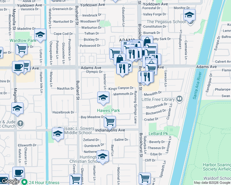 map of restaurants, bars, coffee shops, grocery stores, and more near 9801 Mammoth Drive in Huntington Beach