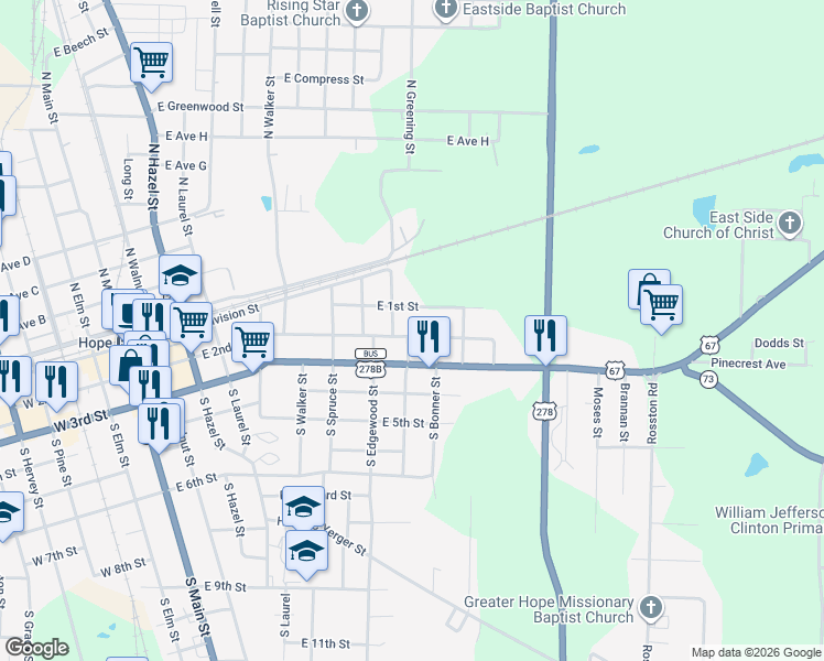 map of restaurants, bars, coffee shops, grocery stores, and more near 204 South Bonner Street in Hope