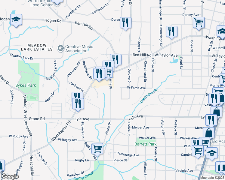 map of restaurants, bars, coffee shops, grocery stores, and more near 3164 Harris Drive in East Point