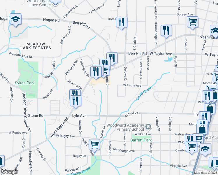 map of restaurants, bars, coffee shops, grocery stores, and more near 3180 Harris Drive in East Point