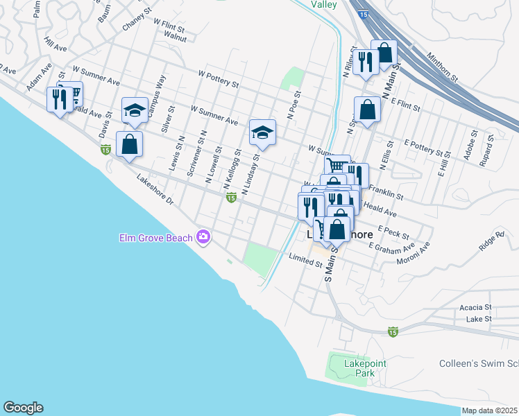 map of restaurants, bars, coffee shops, grocery stores, and more near in Lake Elsinore