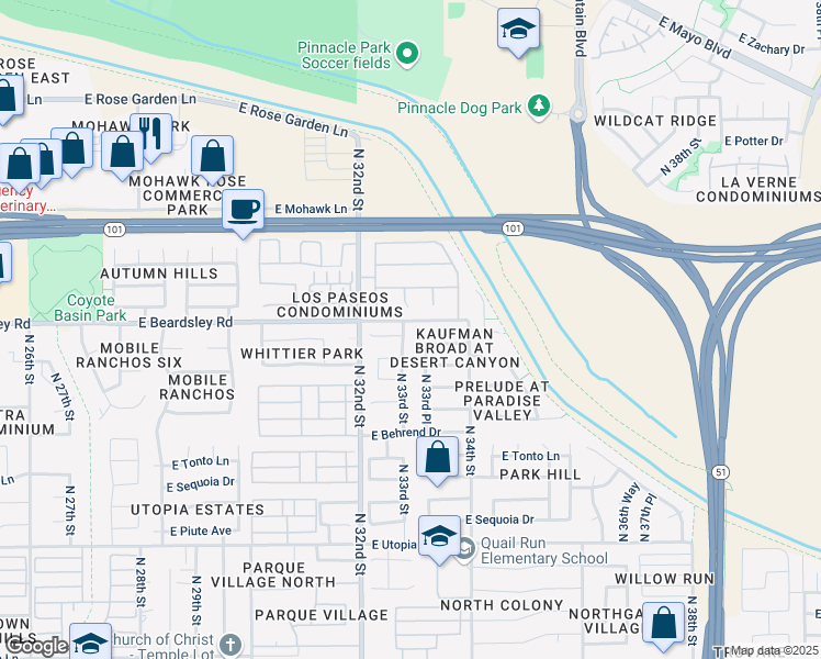map of restaurants, bars, coffee shops, grocery stores, and more near 3328 East Menadota Drive in Phoenix