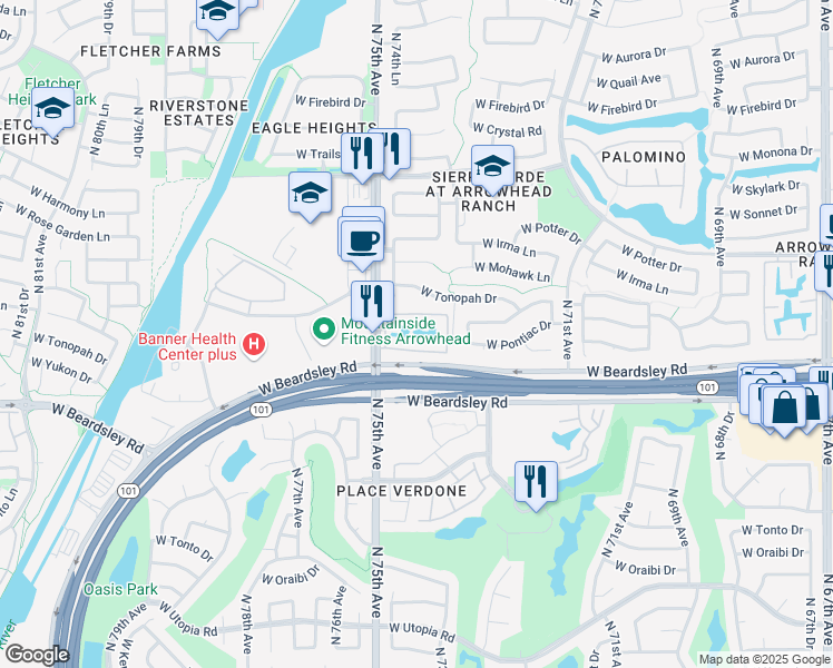map of restaurants, bars, coffee shops, grocery stores, and more near 20251 North 75th Avenue in Glendale