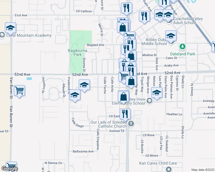 map of restaurants, bars, coffee shops, grocery stores, and more near 316 Calle Avila in Coachella