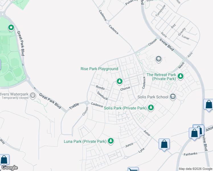 map of restaurants, bars, coffee shops, grocery stores, and more near 124 Rondo in Irvine
