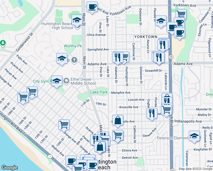 map of restaurants, bars, coffee shops, grocery stores, and more near 1010 Lake Street in Huntington Beach