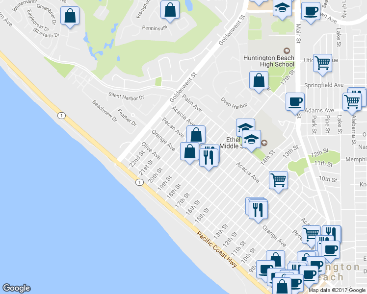 map of restaurants, bars, coffee shops, grocery stores, and more near in Huntington Beach