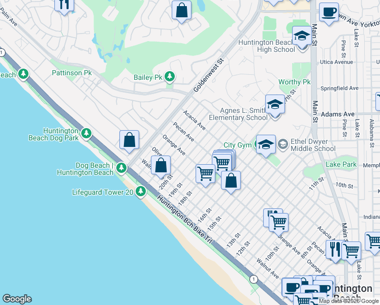 map of restaurants, bars, coffee shops, grocery stores, and more near 325 20th Street in Huntington Beach