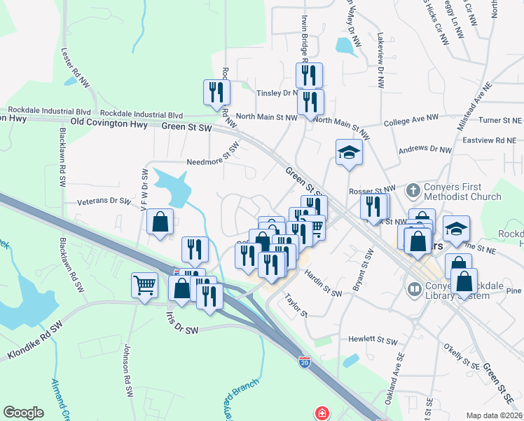 map of restaurants, bars, coffee shops, grocery stores, and more near 2309 Haflinger Circle in Conyers