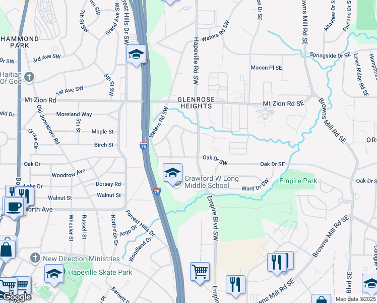 map of restaurants, bars, coffee shops, grocery stores, and more near 3133 Lone Oak Avenue Southwest in Atlanta