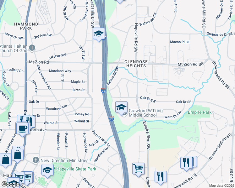 map of restaurants, bars, coffee shops, grocery stores, and more near 3127 Latona Drive Southwest in Atlanta