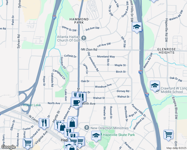 map of restaurants, bars, coffee shops, grocery stores, and more near 3097 Jackson Street in Hapeville