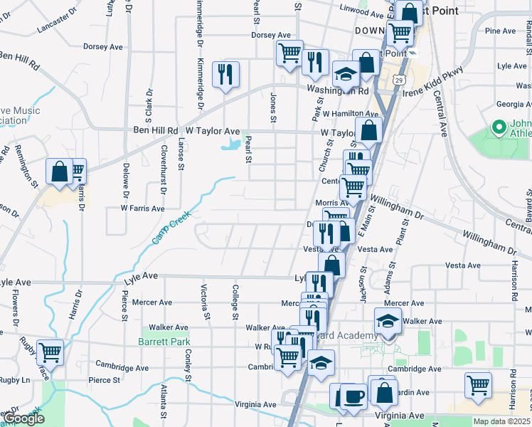 map of restaurants, bars, coffee shops, grocery stores, and more near 1852 East Farris Avenue in Atlanta