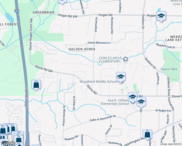 map of restaurants, bars, coffee shops, grocery stores, and more near 3179 Dogwood Drive in East Point