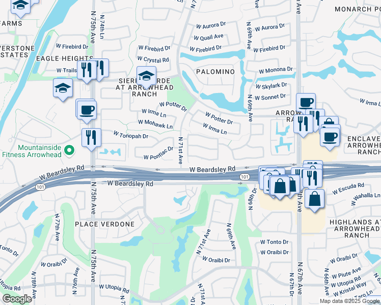 map of restaurants, bars, coffee shops, grocery stores, and more near 7062 West Pontiac Drive in Glendale