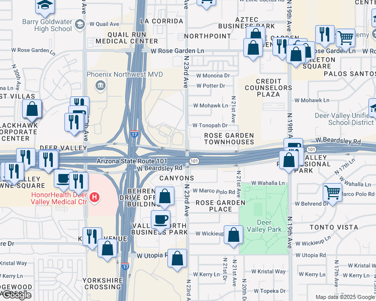 map of restaurants, bars, coffee shops, grocery stores, and more near West Beardsley Road in Phoenix